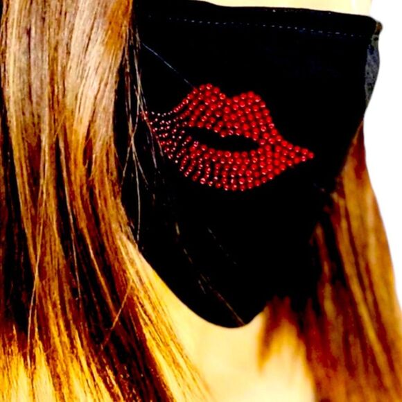 Red Lips Glittery Rhinestones Reusable Black Face Masks - Picture 3 of 4